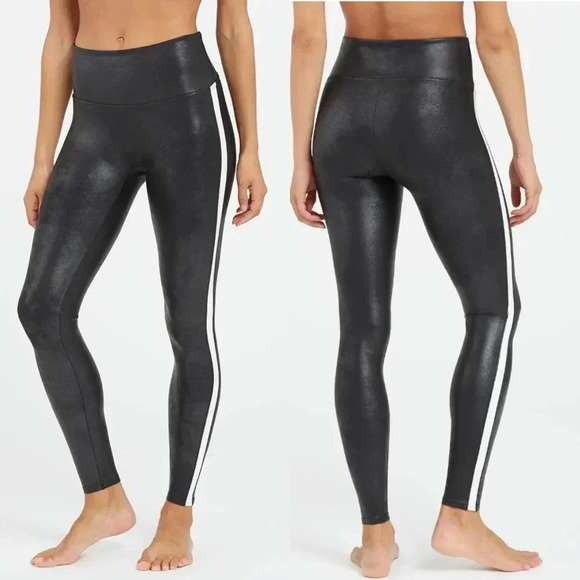 Spanx Size Small Faux Leather Side Stripe Leggings Black w/ White Stripe - Picture 1 of 12
